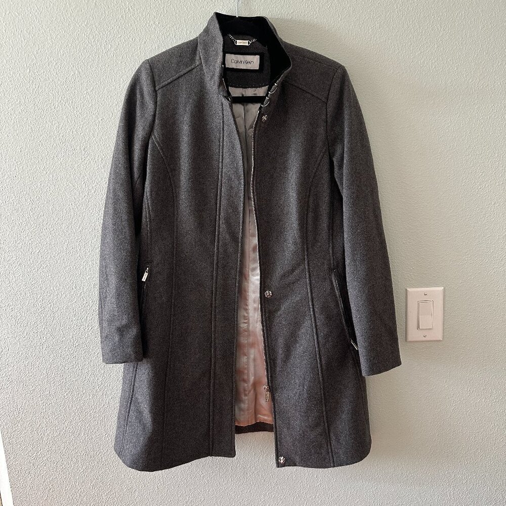 Calvin Klein Wool Blend Gray Pea Coat Women's size Petite Small PS